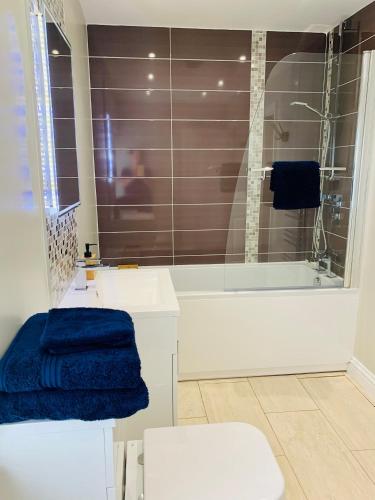 a bathroom with a shower and a toilet and a tub at The Beachfront Lookout a Stunning Apartment with Perfect Sea View in Worthing