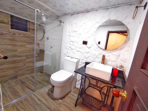 a bathroom with a shower and a toilet and a sink at Casa Florence Guatavita in Guatavita