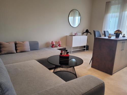 ein Wohnzimmer mit einem Sofa und einem Tisch in der Unterkunft Lara II Apartman in Debrecen