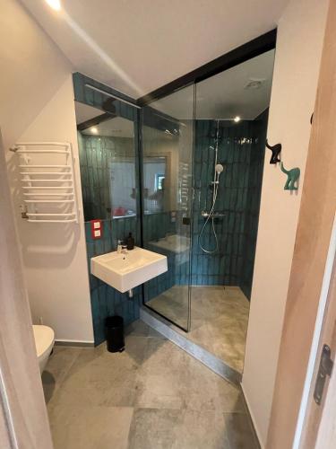 a bathroom with a shower and a sink and a toilet at Kaszuby, dom kaszubski nad jeziorem Danielowa Dolina in Szymbark