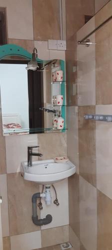 un baño con lavabo y espejo en Chez Bablou, en Grand Baie