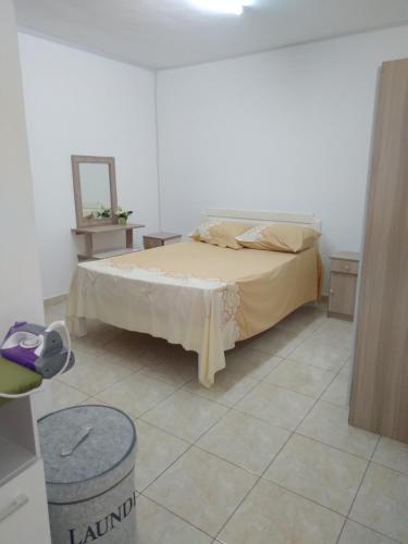Un dormitorio con una cama y un espejo en el suelo. en Chez Bablou, en Grand Baie