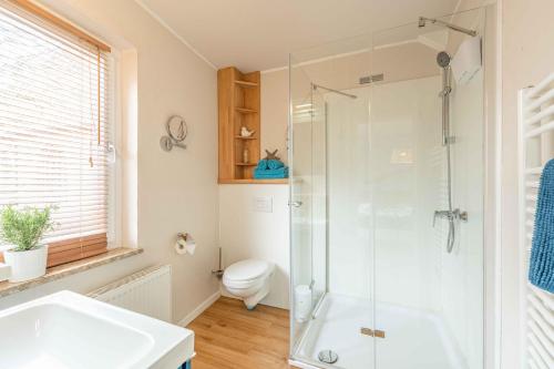 a bathroom with a shower and a toilet at Captains Lounge in Eckernförde