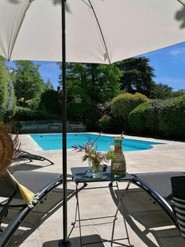- une table avec un parasol à côté de la piscine dans l'établissement Le moulin du Mesnil, à Saint-Georges-sur-Cher