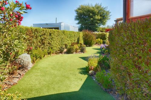 a garden with green grass and bushes at Cabañas Rio Rapel in Rapel