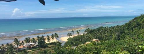 uma vista para uma praia com palmeiras e para o oceano em Casa Alto Mucuge em Arraial d'Ajuda