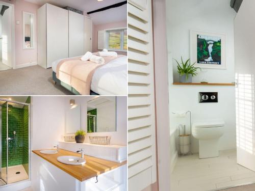 a bathroom and a bedroom with a bed and a sink at Flaska House in Penrith