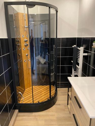 La salle de bains est pourvue d'une douche et d'une plateforme en bois. dans l'établissement Family Appart 2, au Tréport