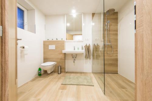 een badkamer met een douche, een toilet en een wastafel bij Apartman RÁZUSA CENTRUM in Banská Bystrica