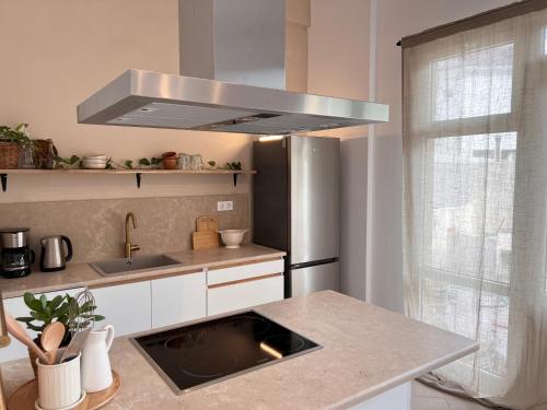 a kitchen with a sink and a stainless steel refrigerator at House of Hats II in Karavomylos