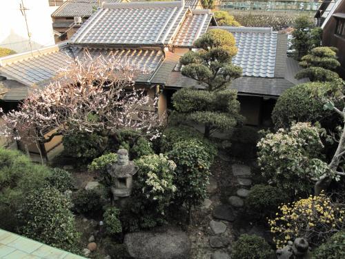 a garden in front of a house with trees and bushes at Guesthouse Nara Backpackers in Nara