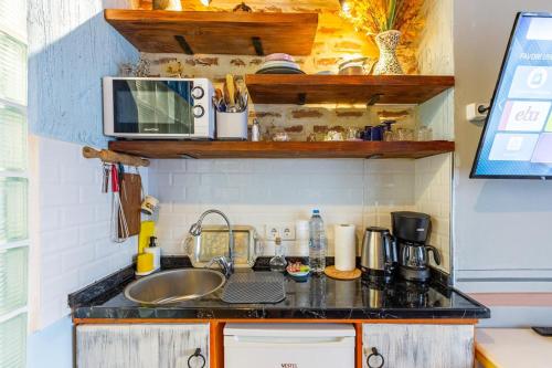 um balcão de cozinha com um lavatório e um micro-ondas em Ali Pasha Apartment em Istambul