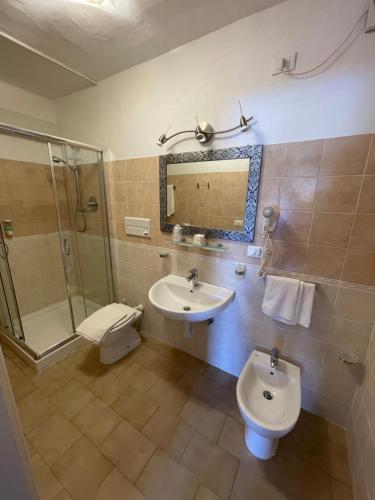 a bathroom with a toilet, sink, and mirror at Hotel Olimpia in Baja Sardinia