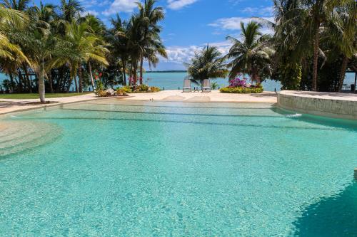 a swimming pool with palm trees and the ocean at Villa Marcela in Calderitas