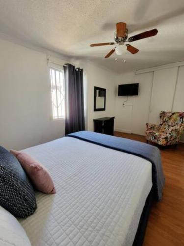 a bedroom with a bed and a ceiling fan at COZY CASITA EN PLAYAS DE TIJUANA in Tijuana