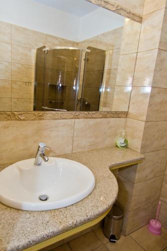 a bathroom with a sink and a mirror at Hotelik Bej in Tuszyn