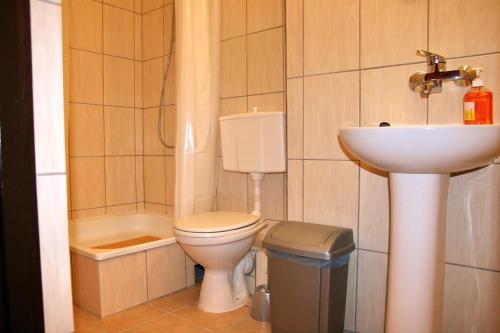 a small bathroom with a toilet and a sink at Hotelik Bej in Tuszyn