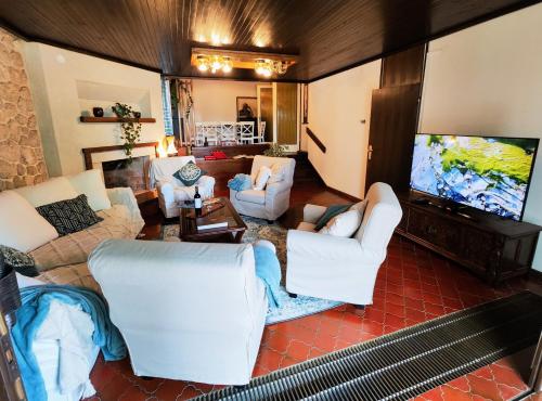sala de estar con muebles blancos y TV de pantalla plana en Villa NADA 5 star, something really special, the green oasis, IR sauna, 2 x hot tub, next to the beach, en Omišalj