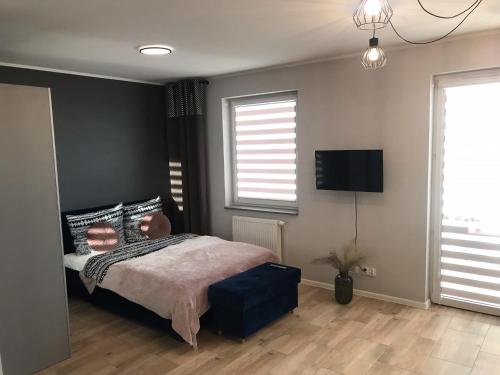 una camera da letto con un letto e una TV a schermo piatto di Apartament Holenderski z prywatnym miejscem postojowym w garazu a Koszalin