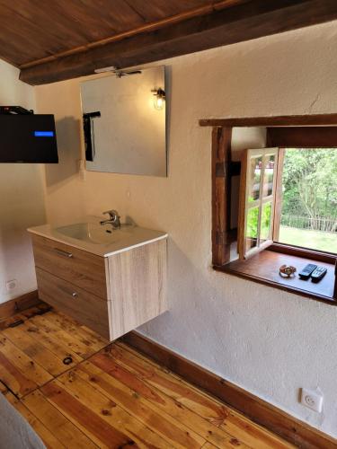 y baño con lavabo y espejo. en le moulin, en Saint-Arçons-dʼAllier