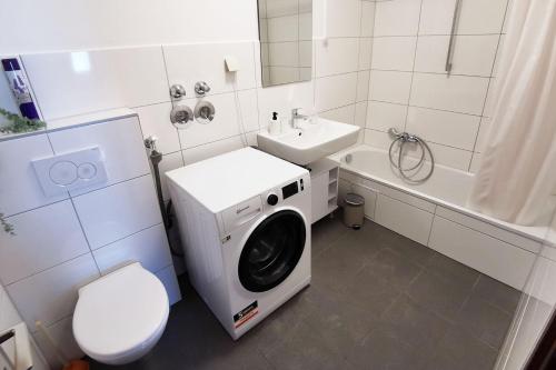 pralka w łazience z toaletą i umywalką w obiekcie Nice apartment in Heusenstamm near Frankfurt w mieście Heusenstamm