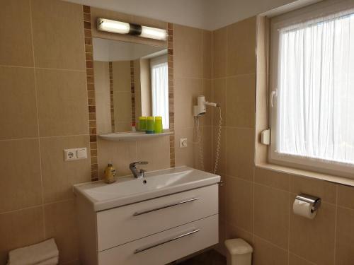 a bathroom with a sink and a mirror at Ferienwohnungen Stranddistel - Apartments von 30 bis 75 qm in Zinnowitz