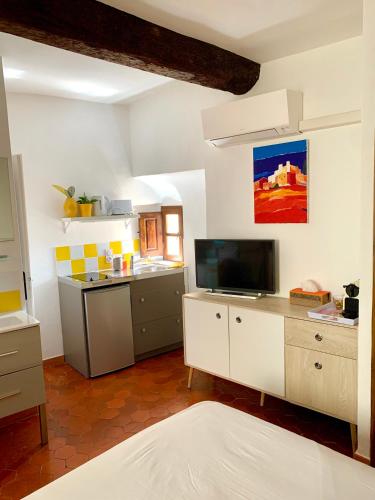 Il comprend un salon avec une télévision et une cuisine. dans l'établissement Le 1835, Studio Ambre-Jaune, à Moustiers-Sainte-Marie