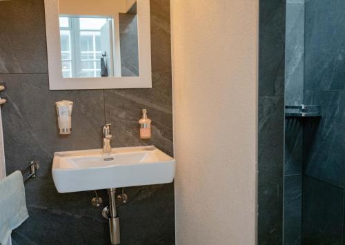 bagno con lavandino e specchio di Stadtwohnung im Herzen von Bern mit Pool a Berna