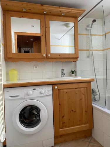 - un lave-linge dans la salle de bains pourvue d'un lavabo et d'une douche dans l'établissement Le Lessy M2, au Grand-Bornand