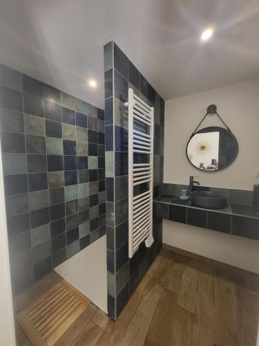 a bathroom with a sink and a mirror at Les gîtes de ninon in Moult