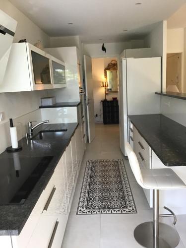 eine Küche mit schwarzen und weißen Arbeitsflächen und einem Küchenteppich in der Unterkunft Grand T2 5min du centre historique D'Aix en Provence in Aix-en-Provence