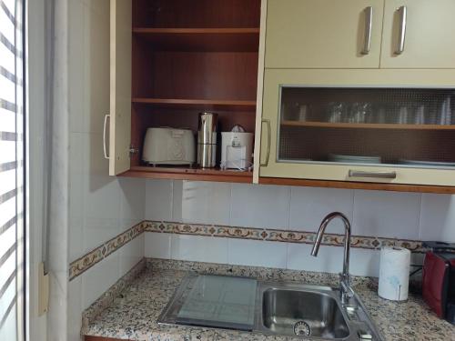 eine Küche mit einer Spüle und einer Arbeitsplatte in der Unterkunft A PONTE in Padrón