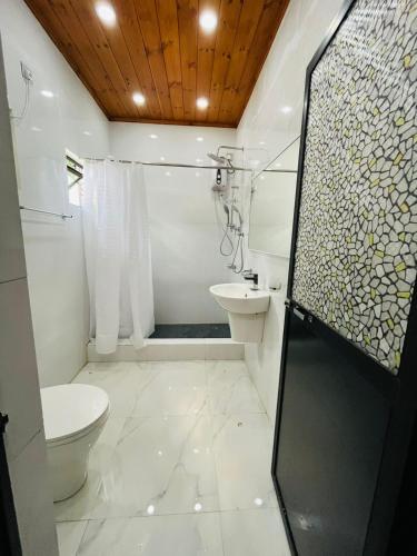 a white bathroom with a toilet and a sink at Janas Blue Water Corner in Trincomalee