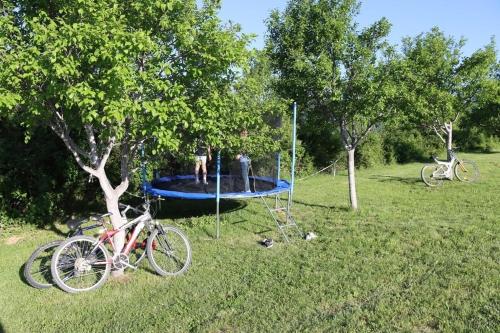 two people standing on a trampoline in a field at Vikendica Bruše in Jaklići