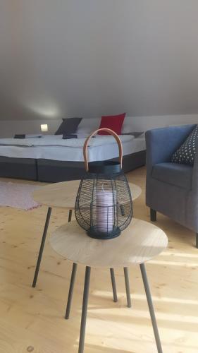 a basket on a table in a living room at Štúdiá Správa TANAPu in Štrbské Pleso