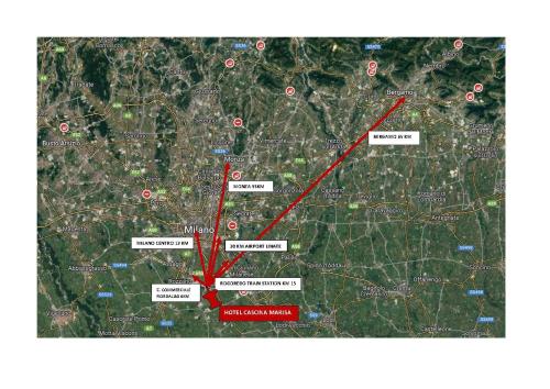 a map with a red line highlighting the locations of cities at Hotel Cascina Marisa in Opera