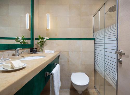 ein Bad mit einem WC, einem Waschbecken und einer Dusche in der Unterkunft Legacy Hotel in Jerusalem