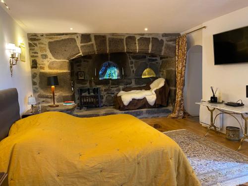 1 dormitorio con cama amarilla y pared de piedra en Château du Puech, en Curières