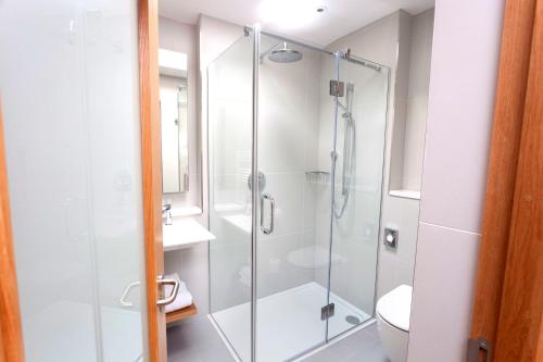 a bathroom with a glass shower and a toilet at PREMIER SUITES Dublin, Ballsbridge in Dublin