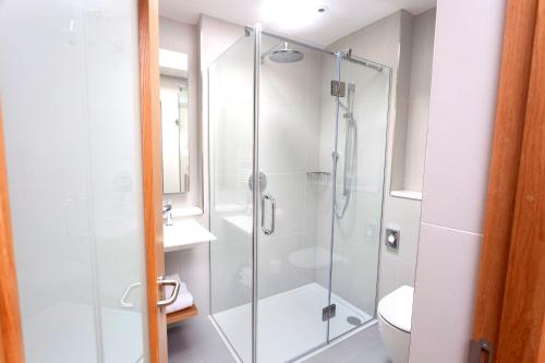 a bathroom with a shower, sink, and toilet at PREMIER SUITES PLUS Dublin, Ballsbridge in Dublin