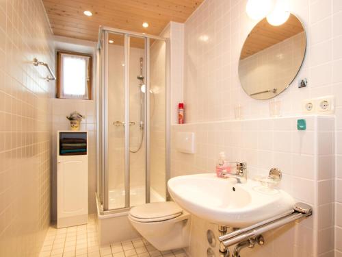 a bathroom with a toilet and a sink and a shower at Landhaus Albrecht in Mittenwald