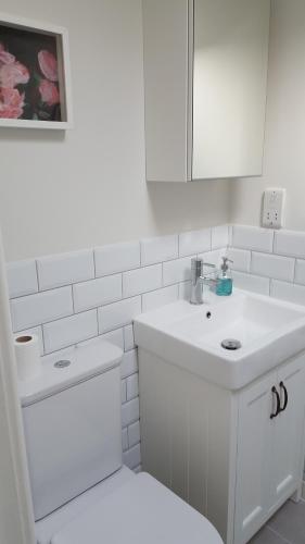Baño blanco con lavabo y aseo en The Cottage en Bristol