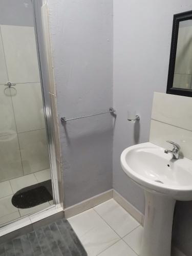 a bathroom with a shower and a sink at Unogwaja Rest in Marloth Park