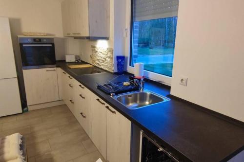 a kitchen with a sink and a counter top at Neubau, moderne Haushälfte in Hamburg in Hamburg