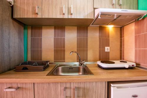 a kitchen counter with a sink and a stove at Studios ORAMA in Nea Vrasna