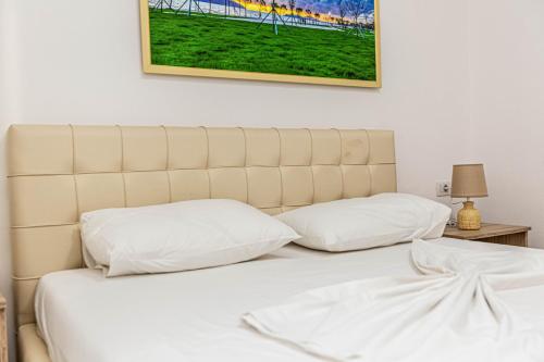 a bed with two pillows and a picture on the wall at Jordan`s Hotel in Vlorë