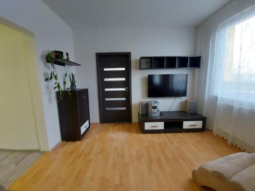 a living room with a flat screen tv and a door at Apartmán Eva - plně vybavený byt - Týn nad Vltavou in Týn nad Vltavou