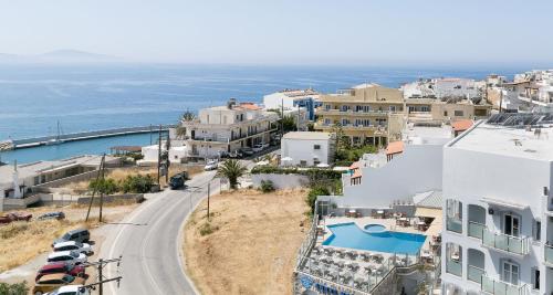 an aerial view of a town with the ocean at Areti Hotel in Agia Galini