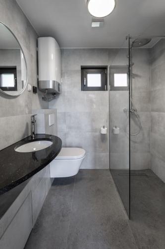 a bathroom with a sink and a shower at Sudecki Domek in Kudowa-Zdrój