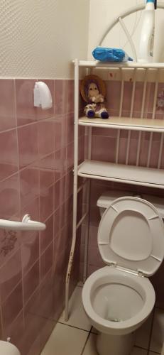 La salle de bains est pourvue de toilettes blanches et d'une étagère. dans l'établissement Guiguitte, à La Chapelle-lès-Luxeuil